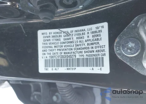 2016 Honda Civic Ex-T from USA, damaged, VIN 19XFC1F33GE045279